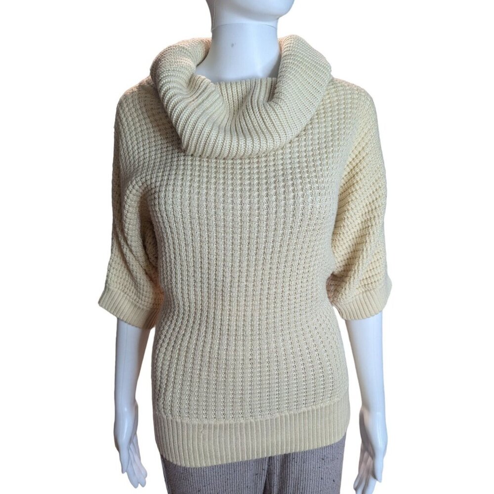 Per Se Casual Luxe Women's Cream Waffle Knit Cowl Neck Wool/Silk Sweater Sz S